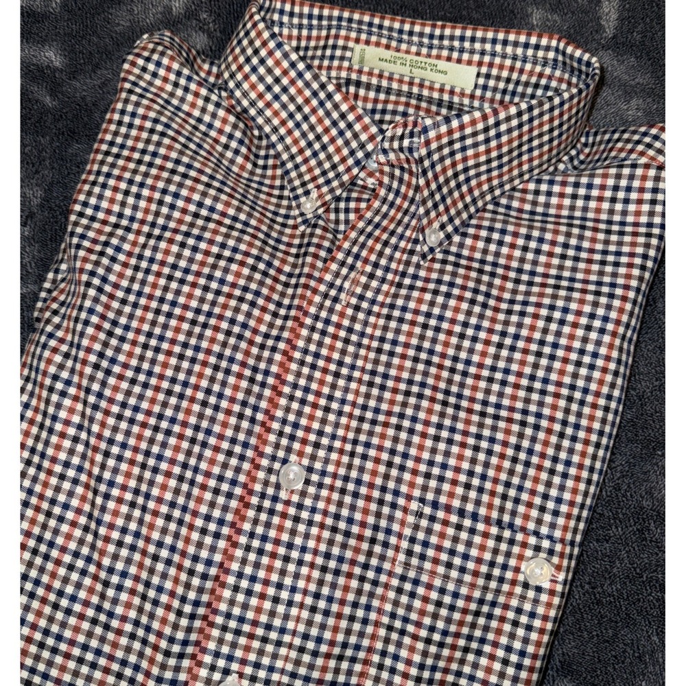 Orvis Button Down Plaid Shirt Long Sleeve 100% Cotton Large Red Black Tan